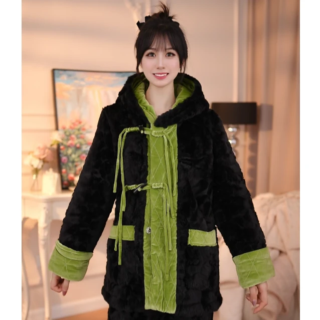 【黑翠】2024新款睡衣女冬季三层夹棉加厚保暖时尚家居服可外穿