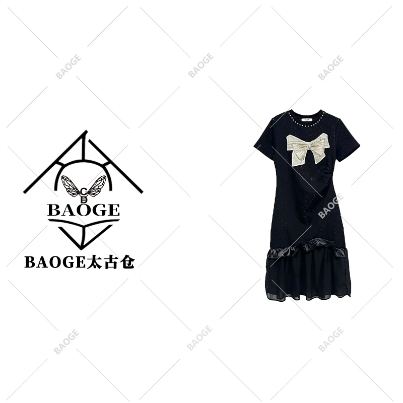 【BAOGE太古仓】Q25076优雅时髦订珠蝴蝶结黑裙