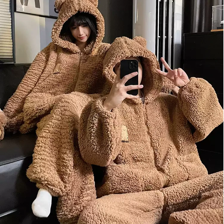 情侣睡衣连帽卡通女款秋冬季珊瑚绒法兰绒加厚保暖男士家居服套装