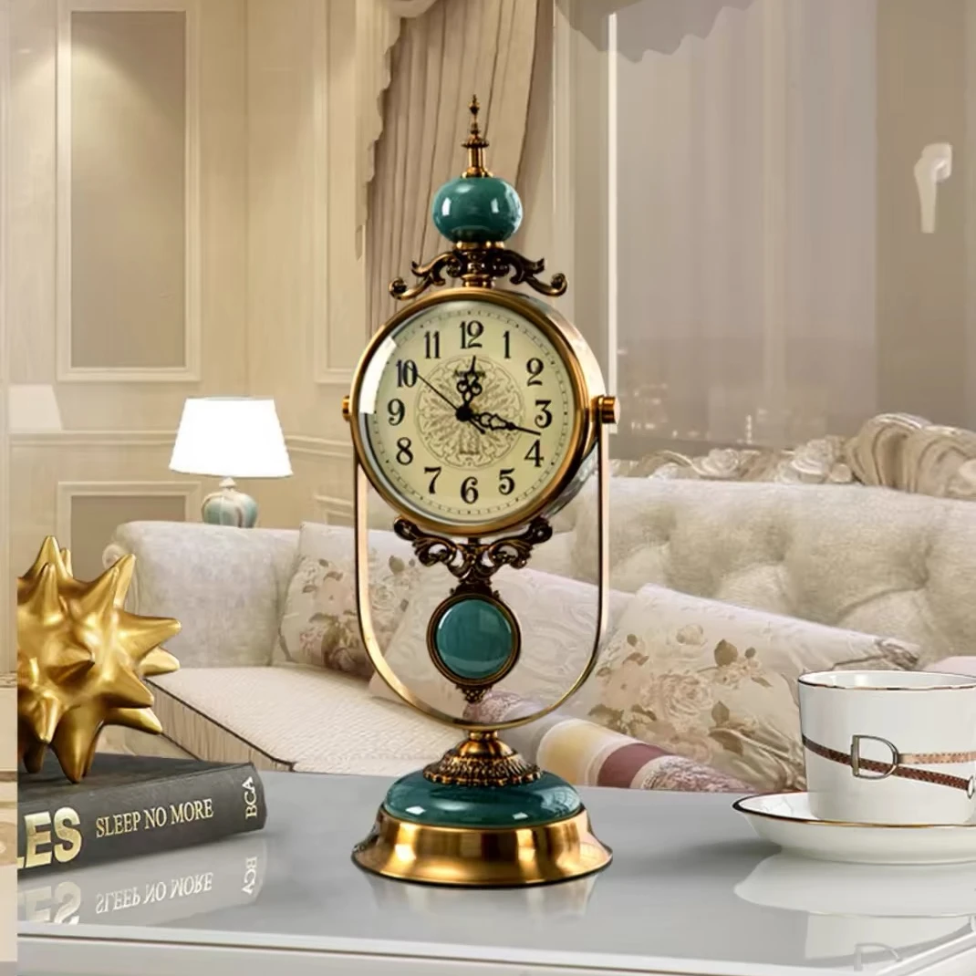 美式表摆台式轻奢座钟客厅桌面时钟装饰坐钟花器摆件复古石英钟表