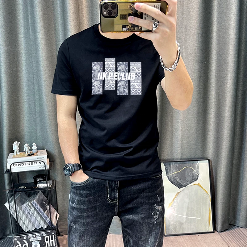 新款打底衫个性修身男装T恤百搭圆领时尚印花短袖休闲潮流t