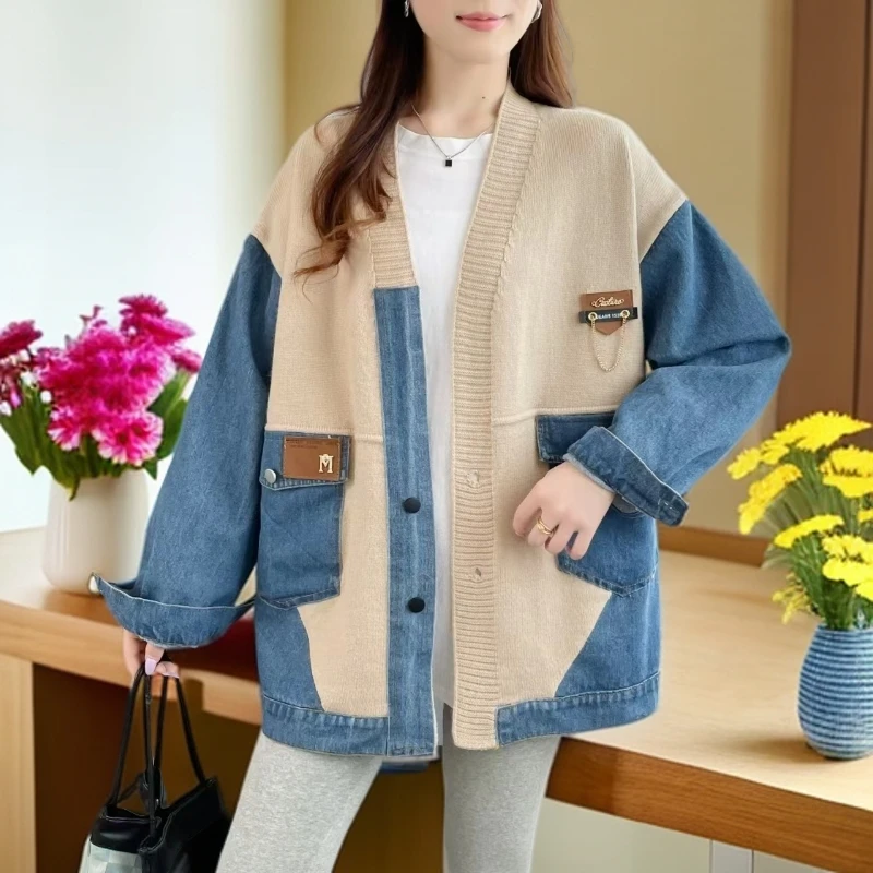 牛仔拼接针织开衫2024秋冬新款宽松休闲时尚百搭慵懒风毛衣外套女