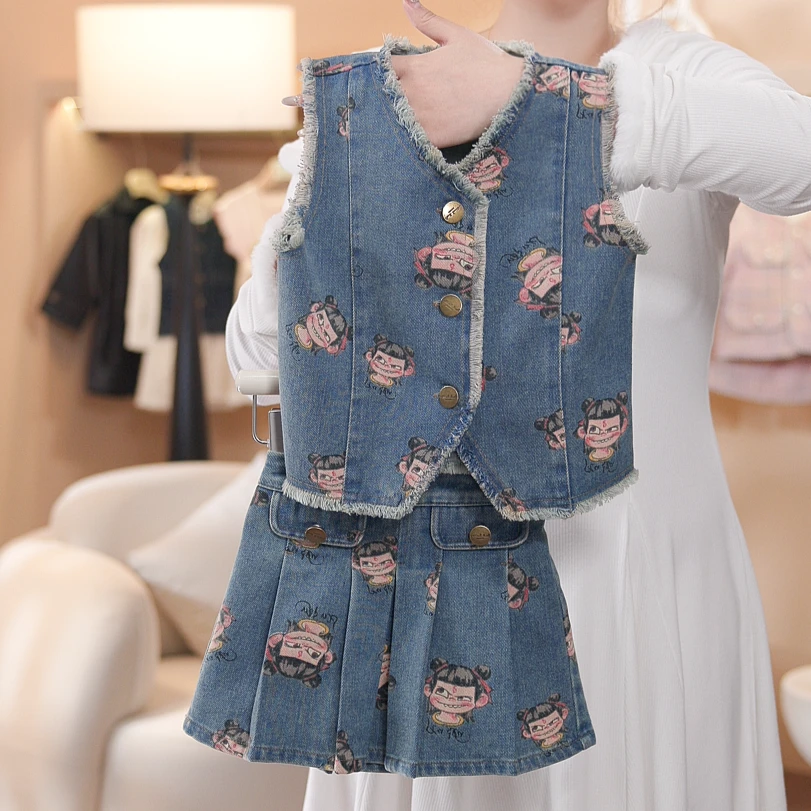 夏季新款女童套装哪吒时尚女孩拼接韩版牛仔短裙套装SL0034