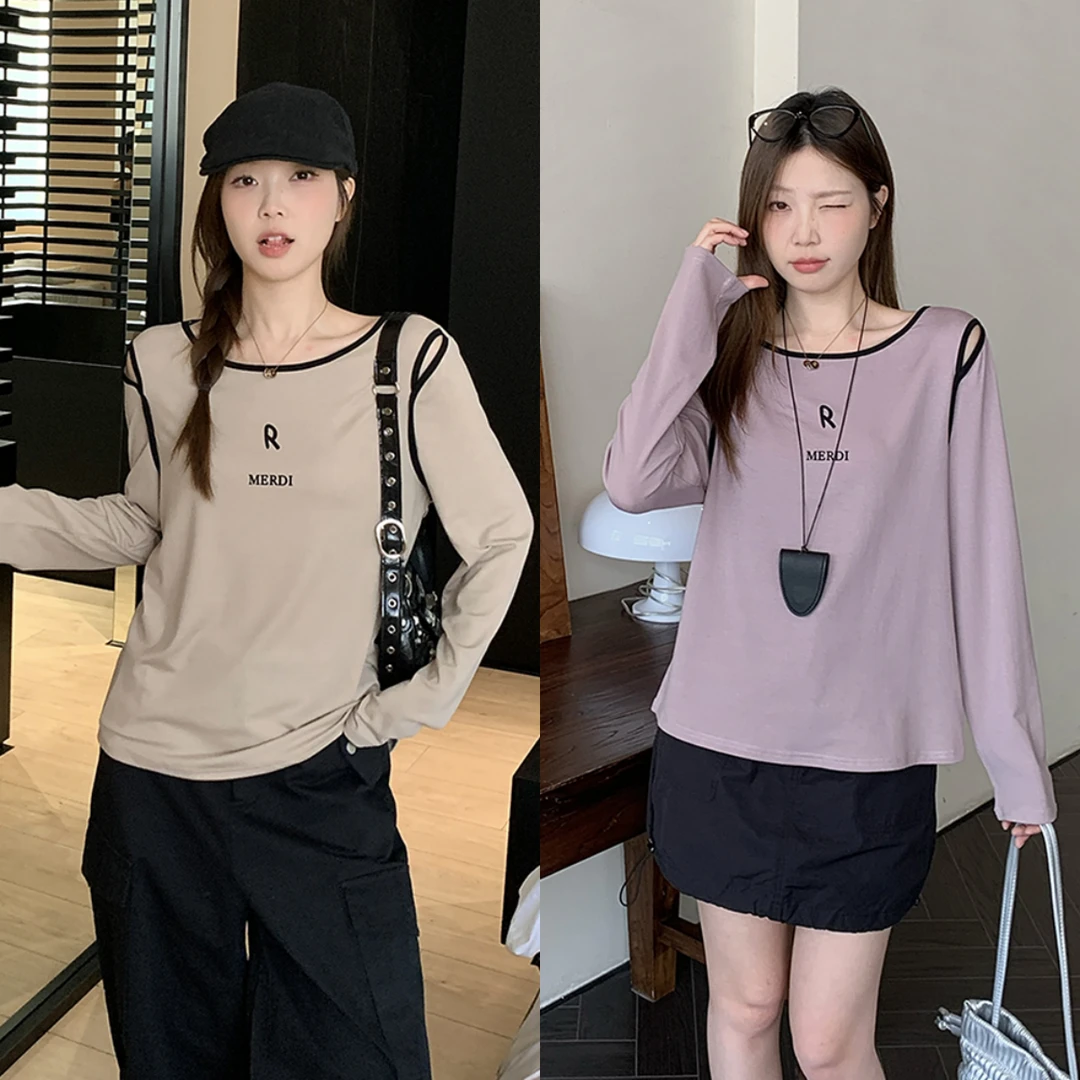 清大码女2025秋季设计感减龄上衣显瘦圆领字母镂空休闲T恤64022