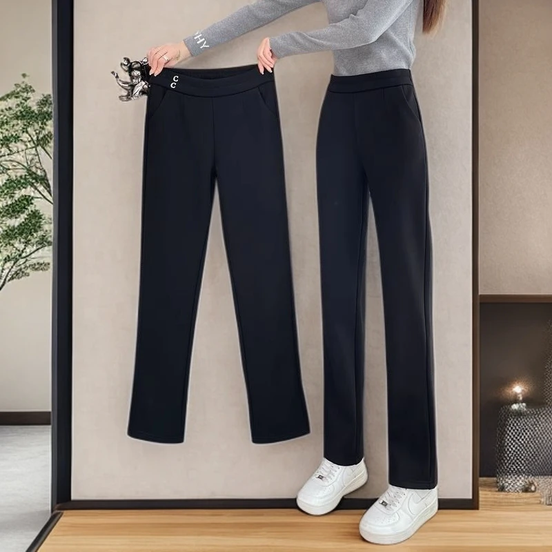 窄版直筒裤女秋冬2024新款高腰外穿羊羔绒女士加绒休闲西装女裤子