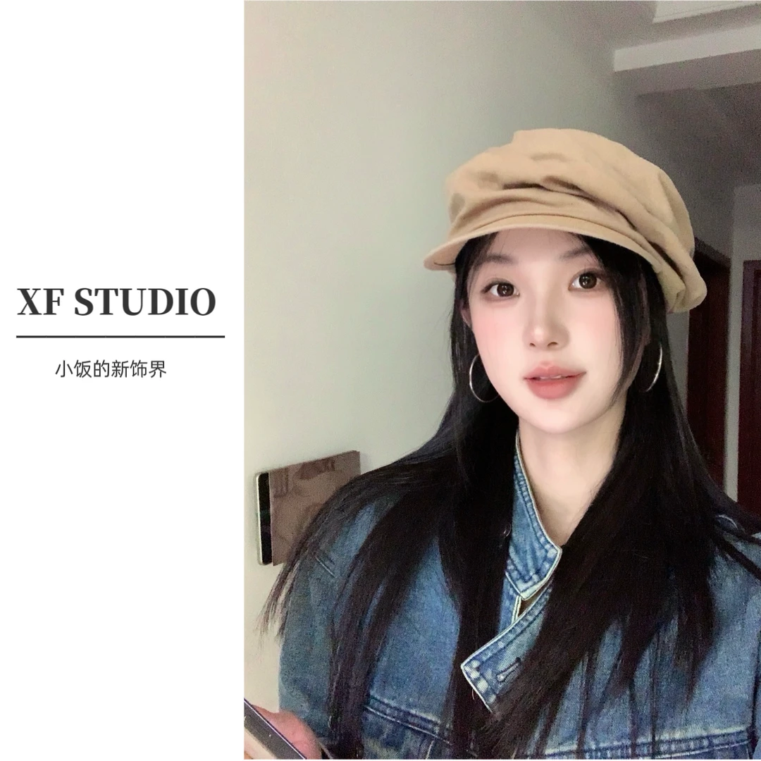 【xf studio】复古气质八角帽显脸小棉麻褶皱贝雷帽画家帽女春夏