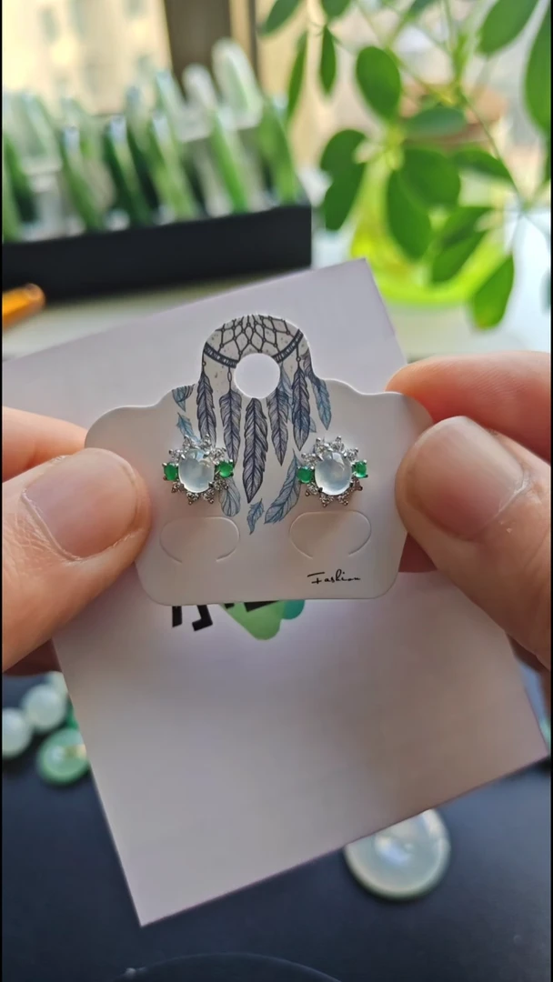 银S925镶嵌翡翠耳饰翡翠耳饰S925银镶嵌