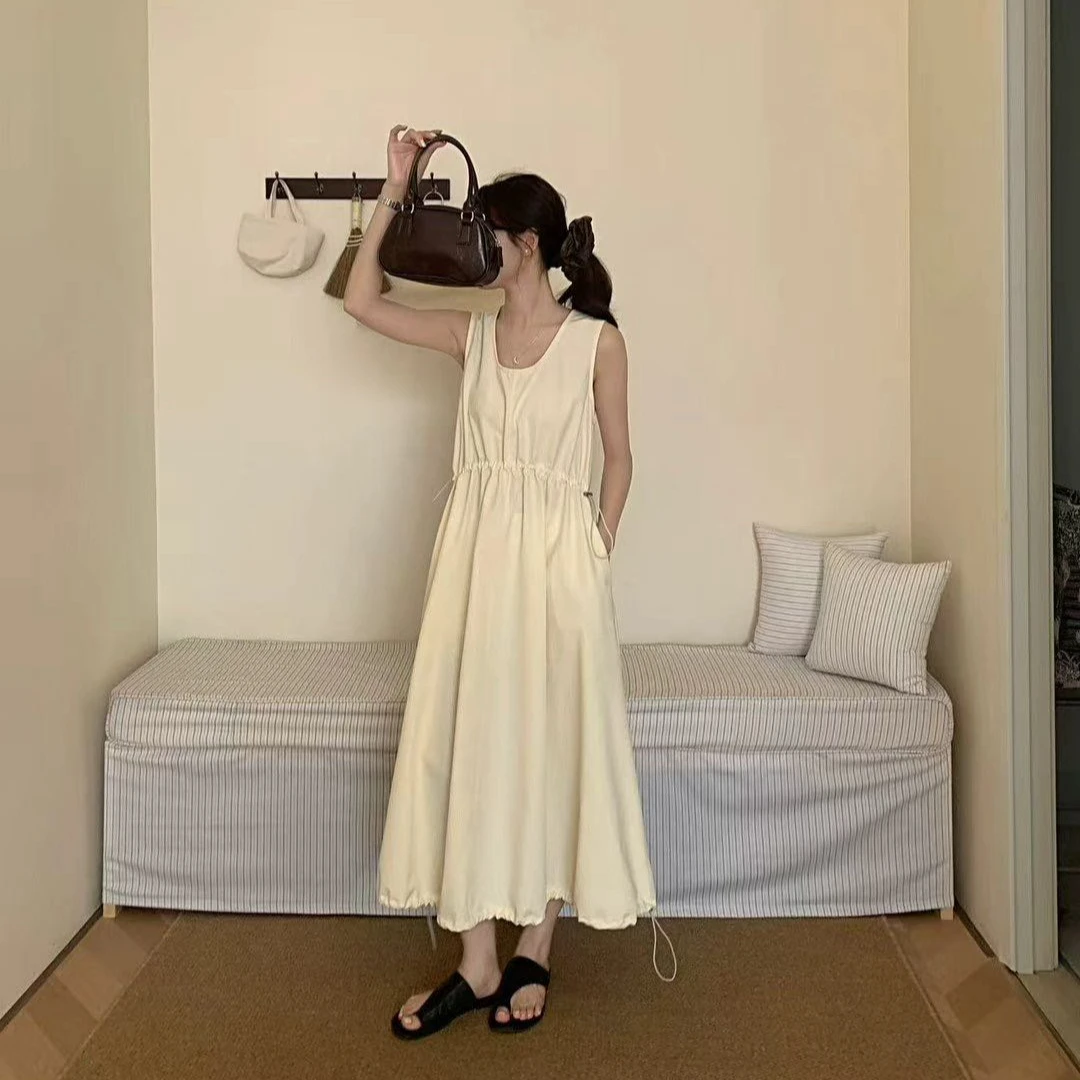 NICE圈圈、CHAO级推荐简约抽绳收腰质感夏季工装连衣裙A19110