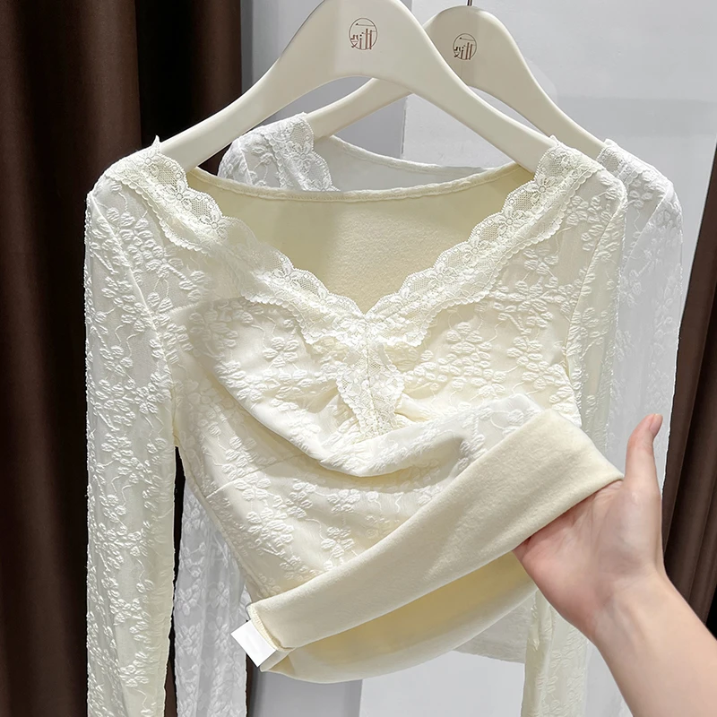 高级感花纹蕾丝打底衫女加绒保暖内搭小衫花边V领长袖秋冬季上衣