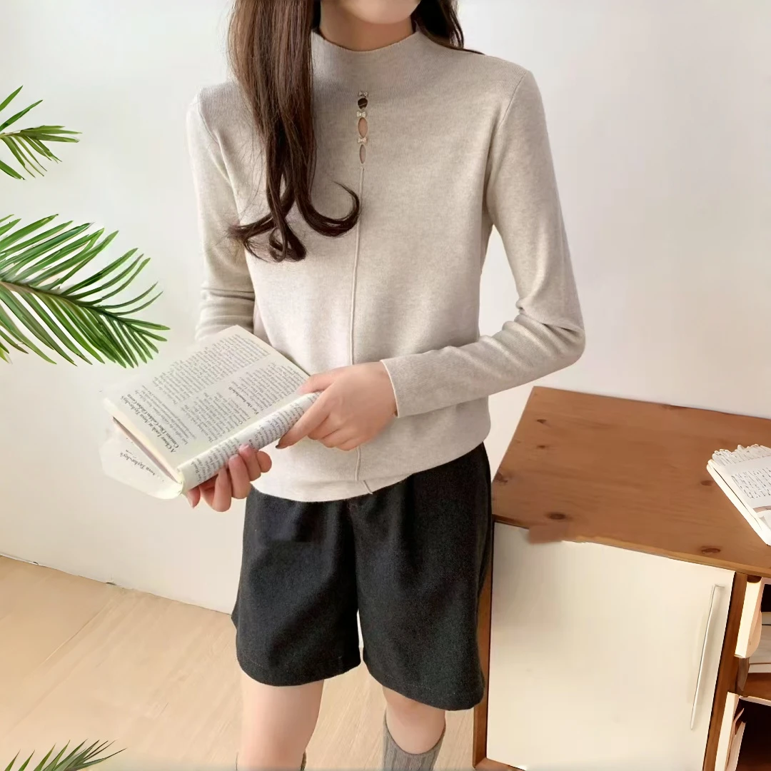 针织少女风立领长袖镂空钉珠毛针织衫套衫时尚纯色柔软舒适打底女