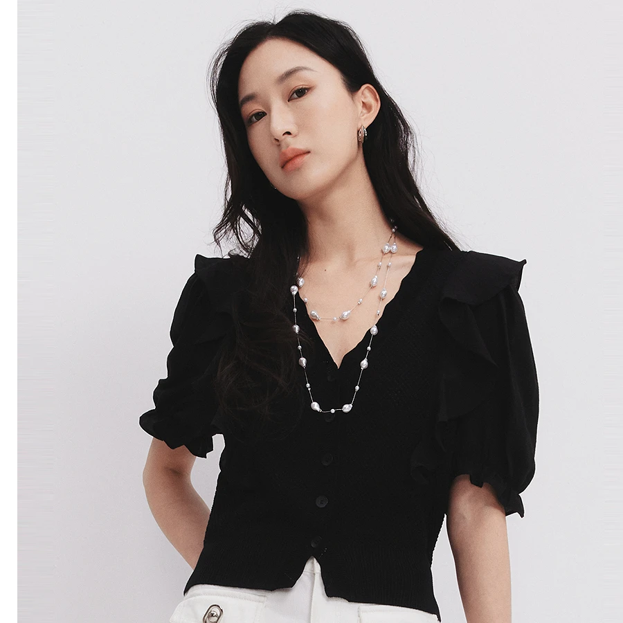 HPLY荷比俪夏新款女镂空拼接肩部复古泡泡袖针织衫HZD24650042-1