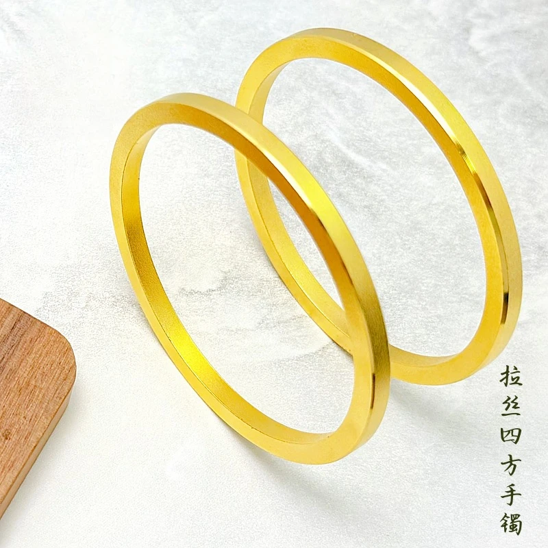 铜合金手镯 古法爆闪拉丝四方镯铜合金简约百搭素圈传承情侣手镯