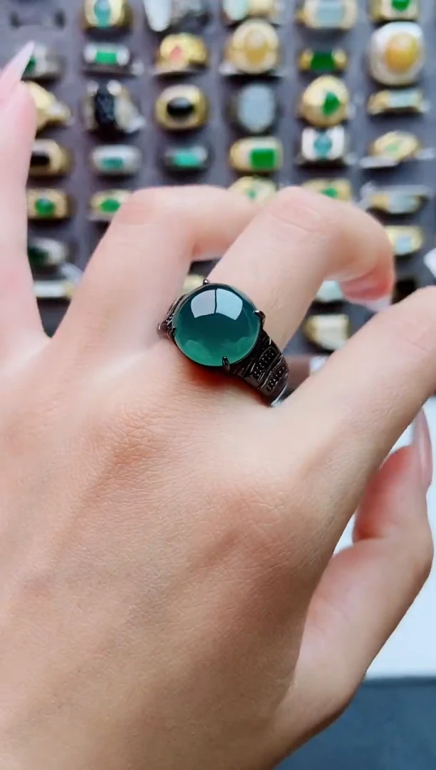 银S925镶嵌戒指翡翠天然翡翠男戒