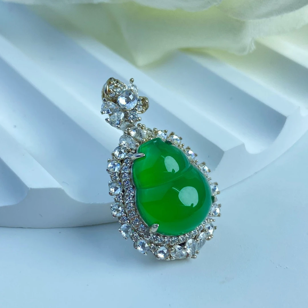 小众玉石绿玉髓葫芦吊坠925银镶点缀新中式国风玉吊坠