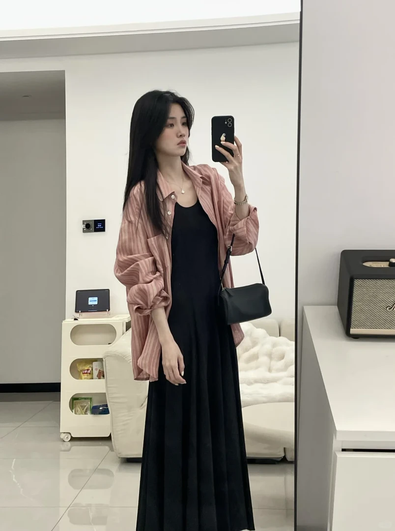 夏装搭配一整套韩系炸街减龄防晒条纹衬衫上衣搭配背带连衣裙套装