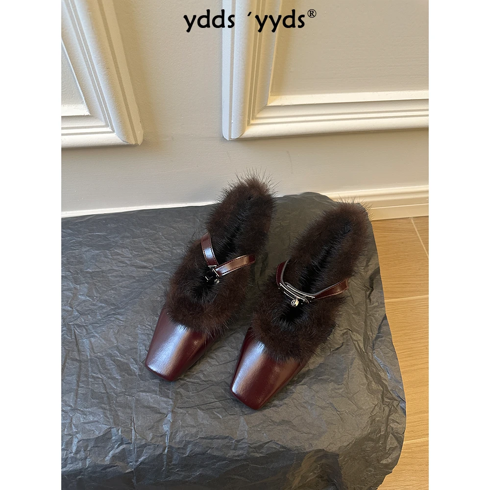 YDD/24冬季新款小方头时尚简约百搭金属搭扣法式粗跟毛毛鞋/5271