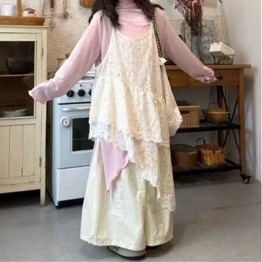 大码蕾丝吊带连衣裙不规则垂感裙子+打底+裤子叠穿三件套