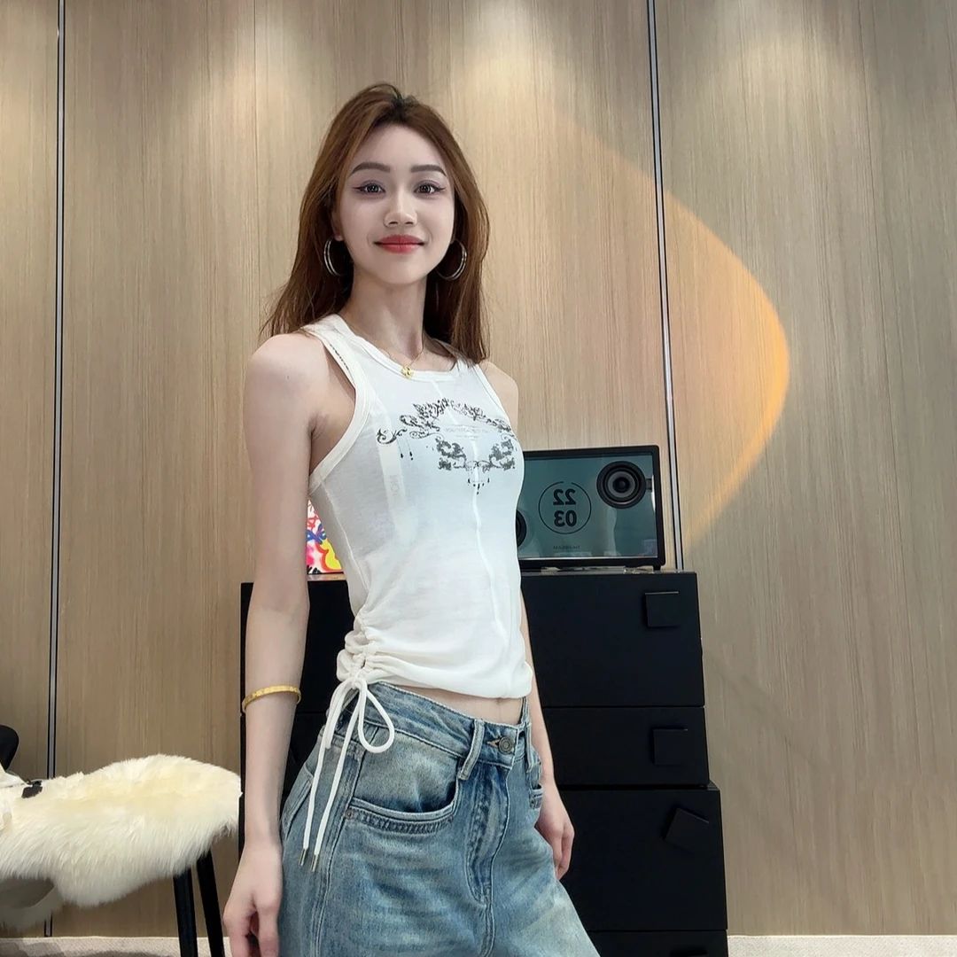 修身印花下摆抽绳无袖背心时尚显瘦性感短款外穿夏季白色内搭打底