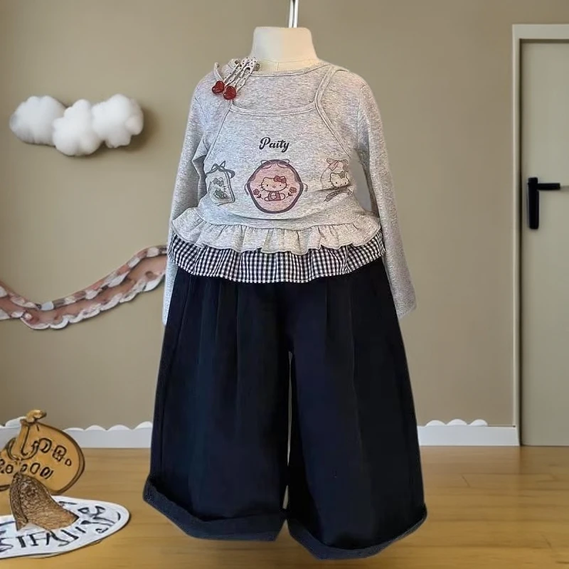 女孩秋季卡通KT猫烫花长袖套装女童巨好看秋季假两件上衣装阔腿裤