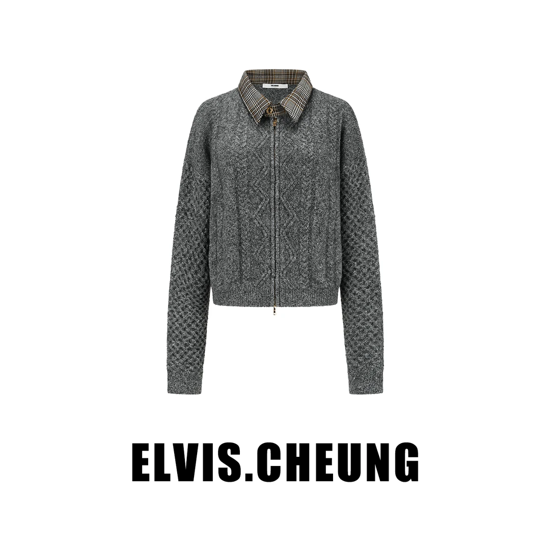 ELVIS.CHEUNG蒋云開運25AW花灰色牦牛绒绞花经典毛织短夹克