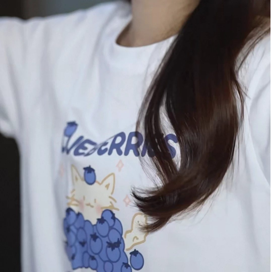 -/庭百盛百搭圆领宽松T恤女款白夏季蓝莓猫咪印花休闲潮流短袖t恤