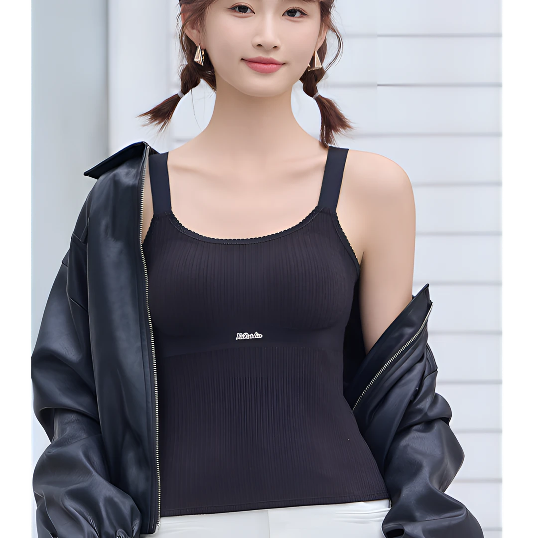 保暖运动风女无袖圆领保暖上装白色简约时尚中长款美背吊带-6213