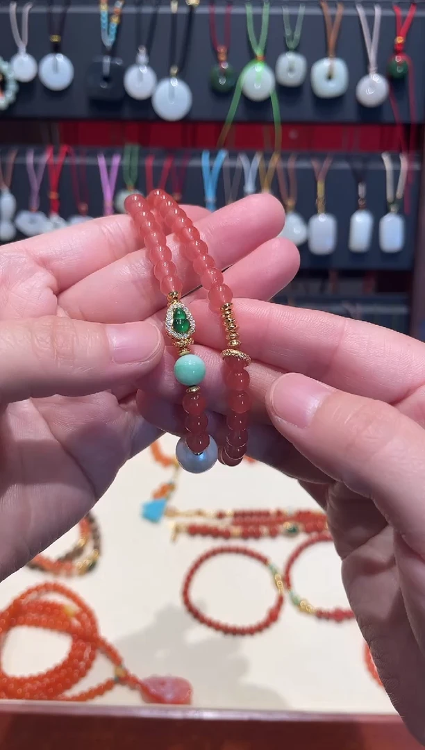 颈饰银S925镀金镶嵌南红玛瑙樱桃红南红