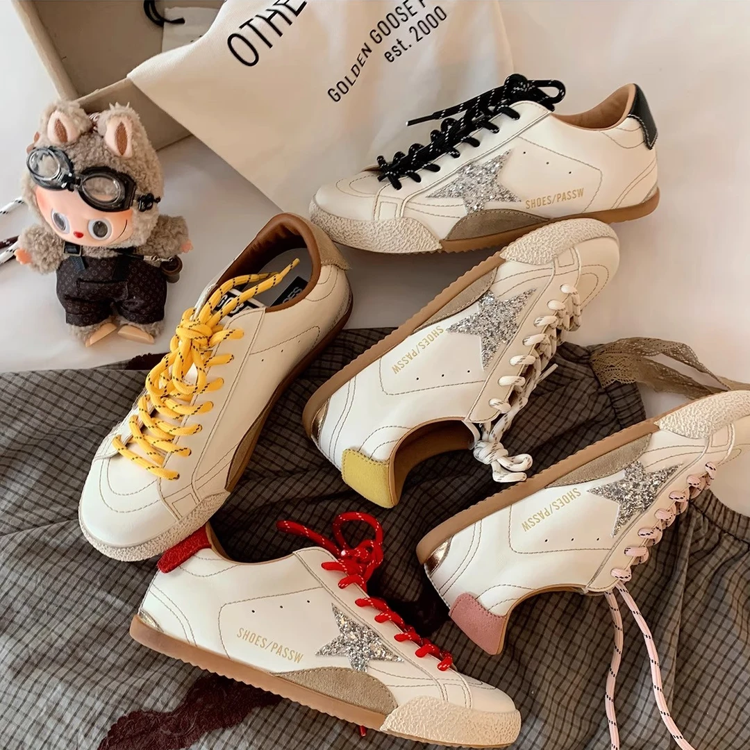 真皮~2025新款复古做旧星星脏脏鞋内增高休闲复古拼色系带德训鞋