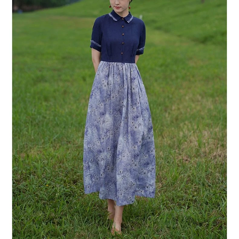 蓝色扎染亚麻拼接连衣裙女2025夏季新款文艺减龄复古气质宽松显瘦