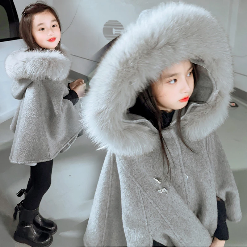 女童高级感呢子斗篷大衣2025秋冬款宝宝洋气大毛领连帽毛呢外套