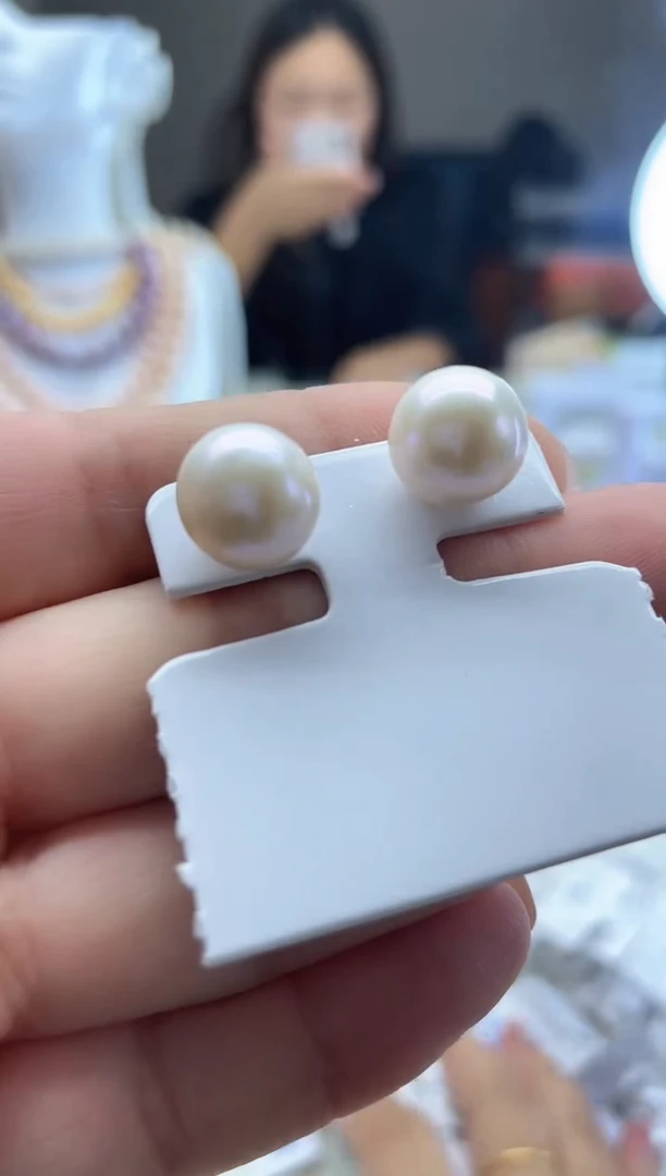 未镶嵌淡水珍珠耳钉10mm+  银针 正圆珍珠耳钉