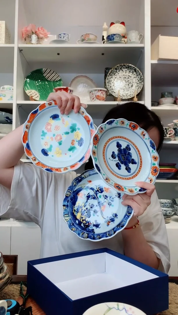 陶瓷【孤品】光峰蓝凛堂花边盘子一套三支