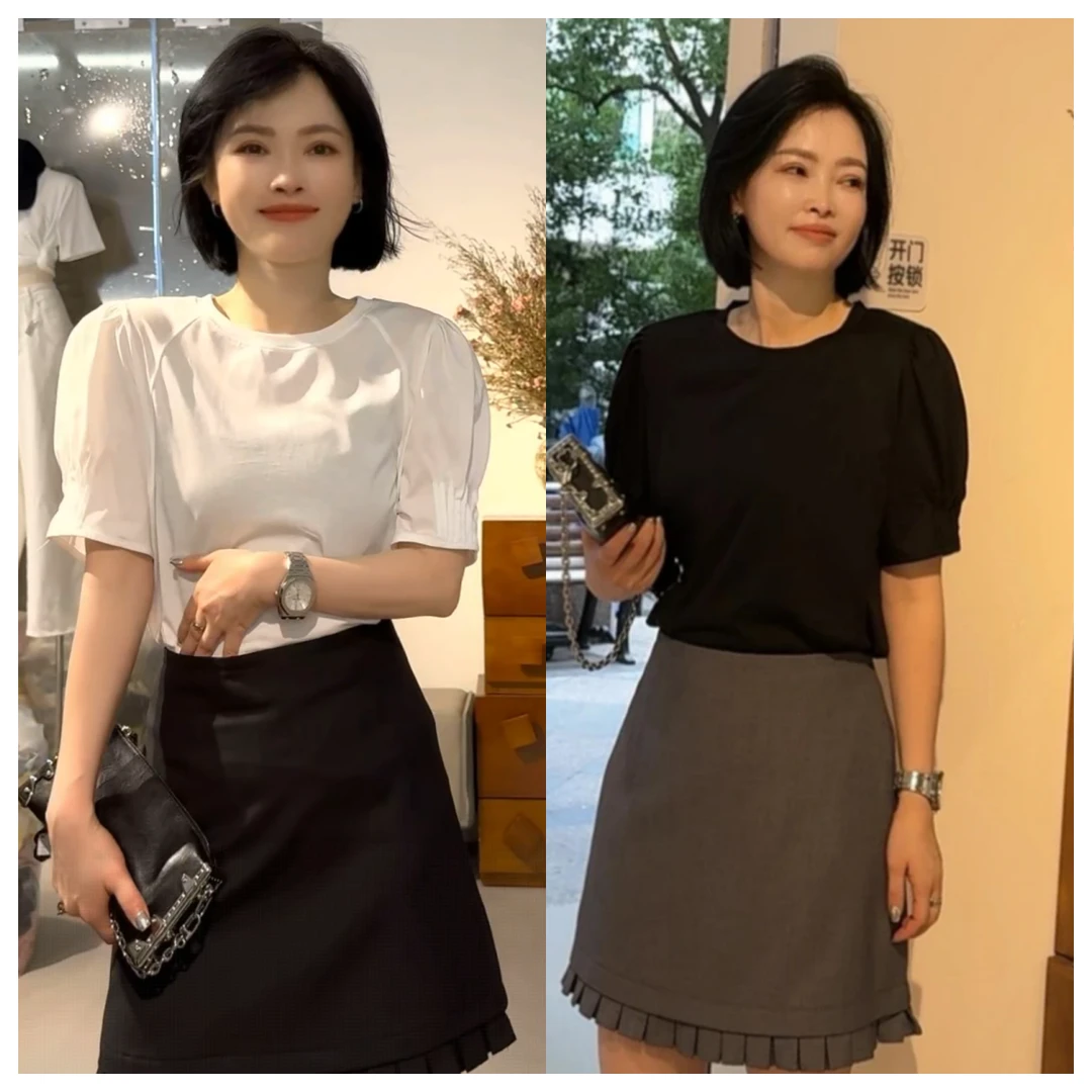 洋气小众泡泡袖后背蕾丝镂空短袖t恤女夏季新款时尚气质百搭上衣