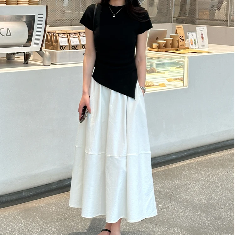 夏季新款时尚套装女抽绳修身纯棉短袖+高腰半身裙显瘦两件套女