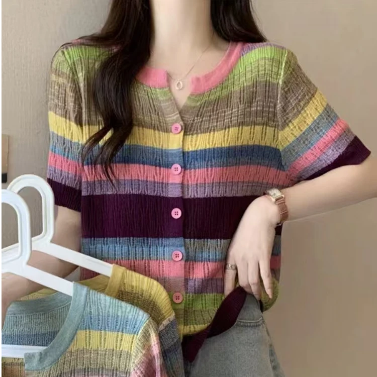 夏季女彩虹针织开衫T恤短款百搭薄款11234