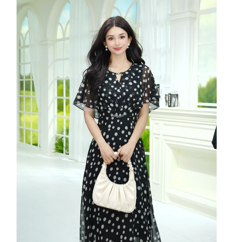 【马天奴】碎花显瘦气质时尚夏季黑色收腰波点连衣裙VHSB57DRX0