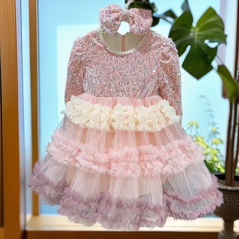 2025美人鱼渐变突突公主裙元旦节表演服年服加绒女童公主裙