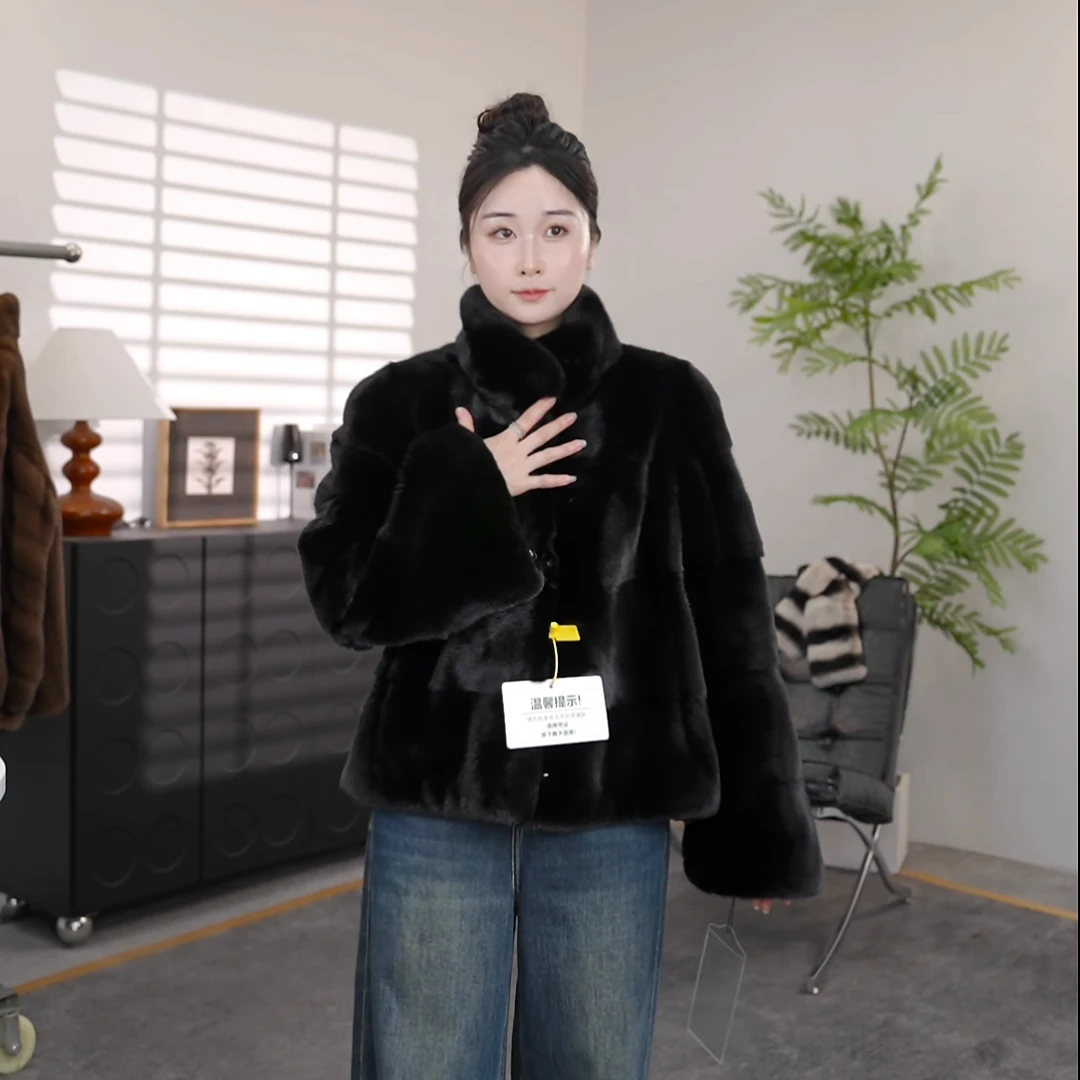 【华丽园】进口紫金短二立领横排喇叭袖短款水貂外套23487