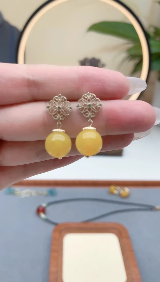 玛瑙/玉髓耳饰银S925镶嵌00黄色耳钉耳钉