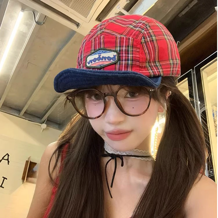 迈洛森美式复古格纹翻沿鸭舌帽女夏季防晒帽大头围显脸小棒球帽