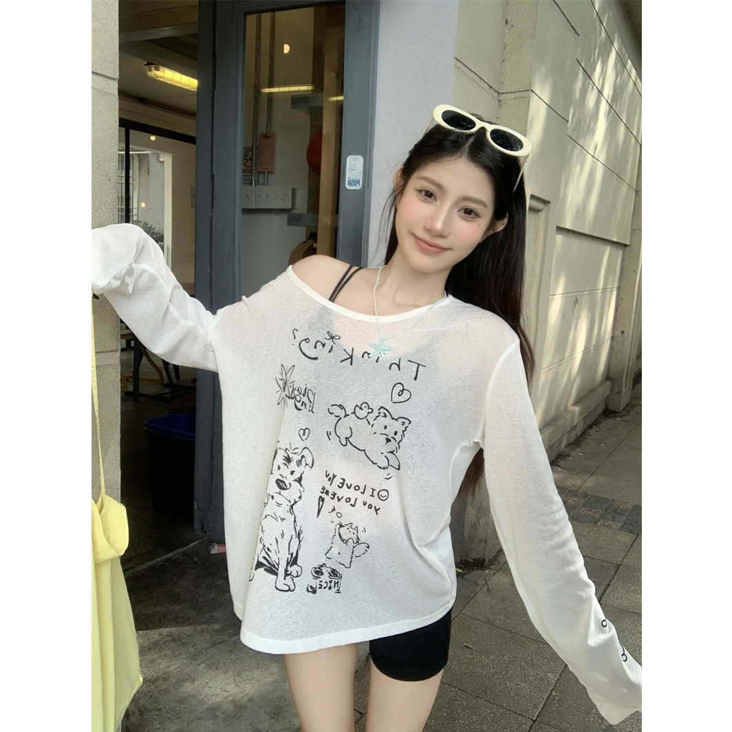 2025夏季韩版宽松慵懒斜肩卡通印花防晒罩衫T恤女