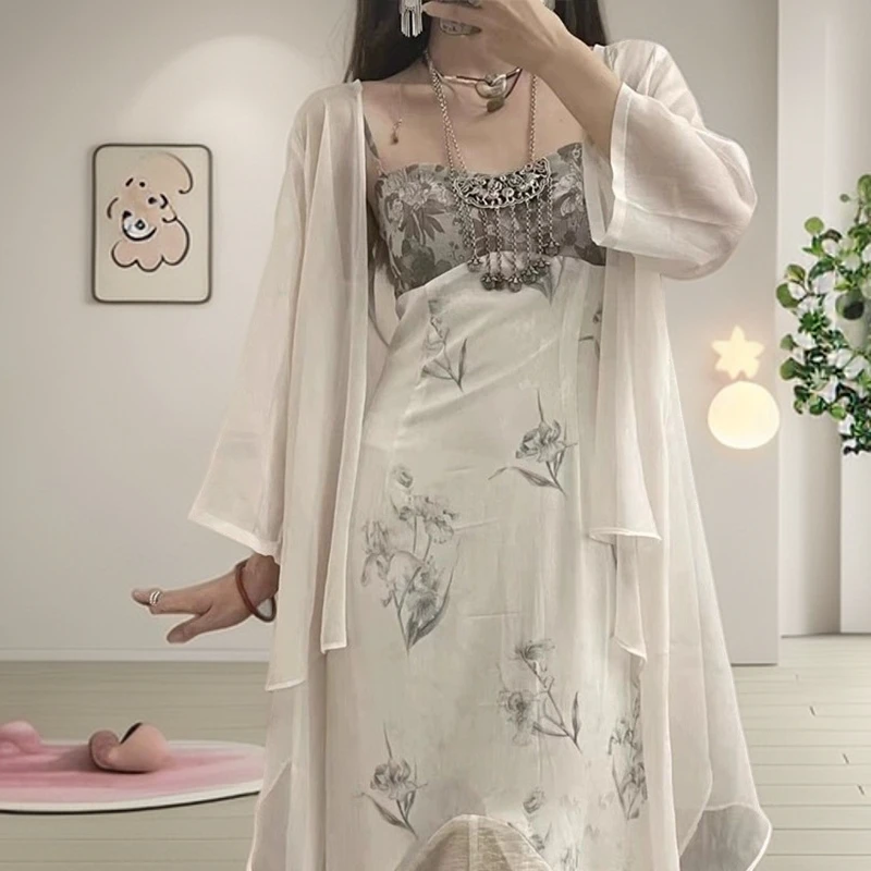 海边度假夏季网红长款新款女装法式温柔风气质吊带连衣裙裙子套装