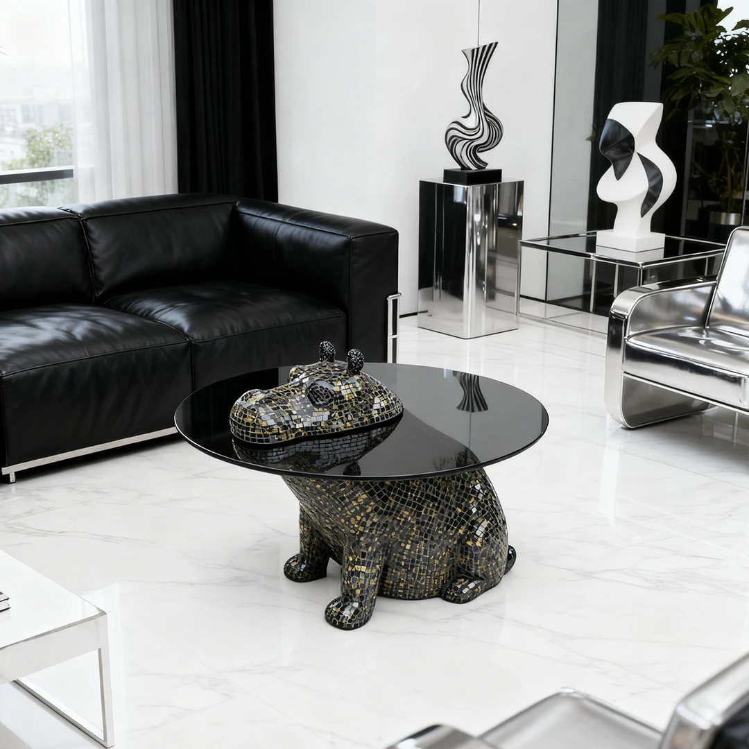 【本尼家】现代艺术装饰黑金色镜片玻璃钢河马客厅边几小茶台