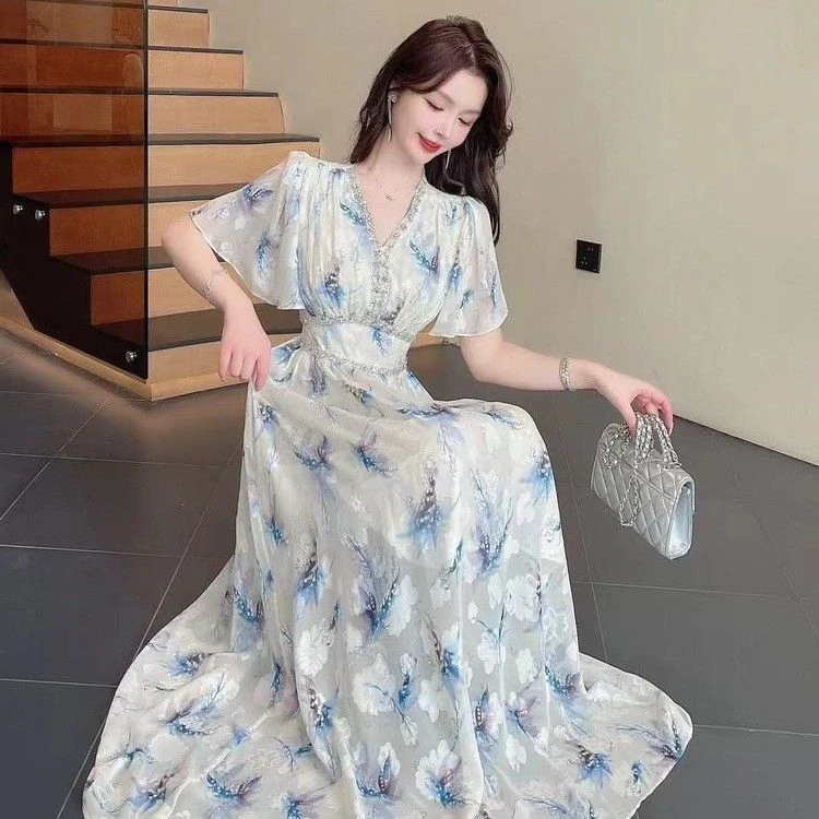 【大眼妹儿专属】桑蚕丝印花镶钻拼接v领短袖提花连衣裙女3055