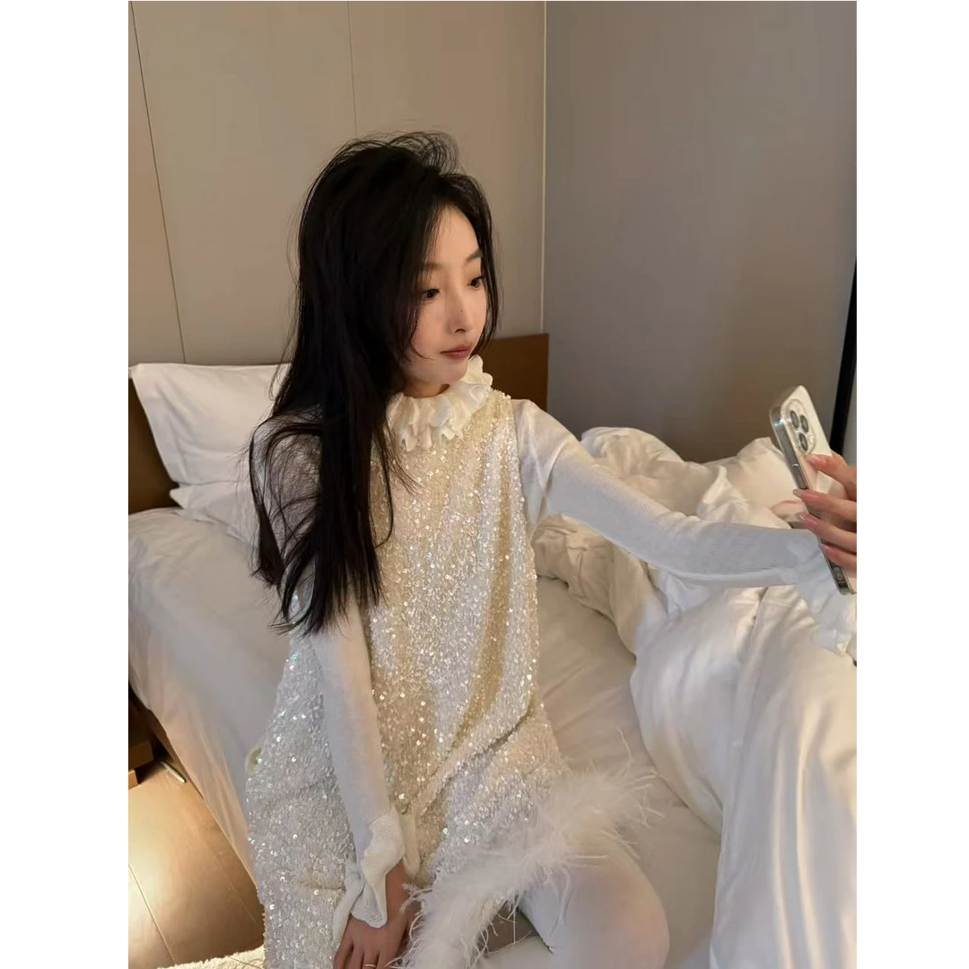 十三行白白家-“约会日”春夏新款羽毛亮片背心连衣裙#5701