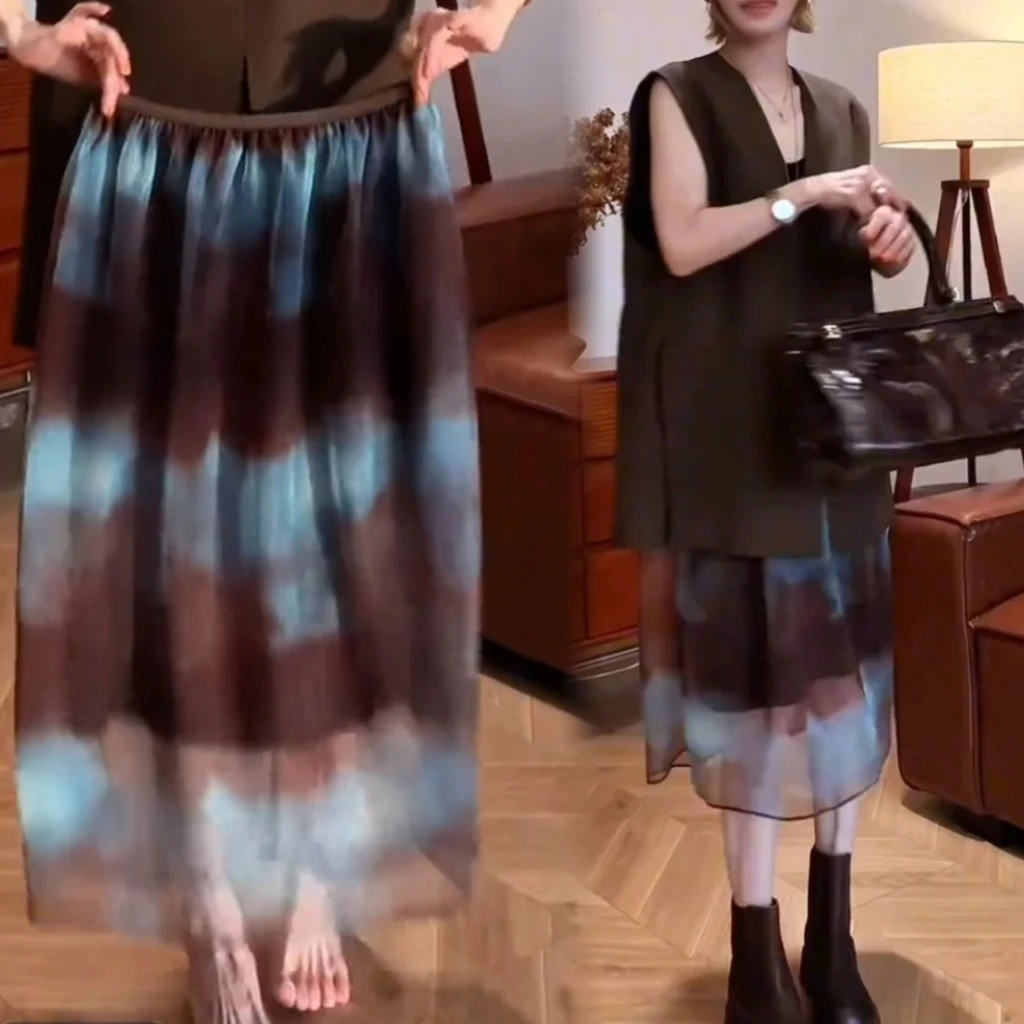 早秋复古扎染松紧腰半身裙女百搭显瘦减龄薄款A字裙时尚裙子