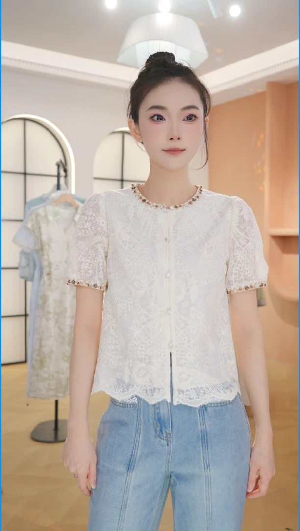 Z8326夏衬衣女士高端时尚百搭宽松蕾丝拼接小衫女