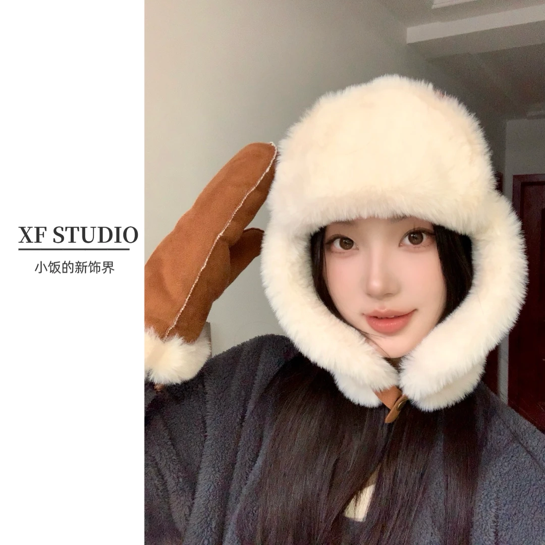 【xf studio】小饭家2024秋冬款皮毛一体毛茸茸保暖护耳帽