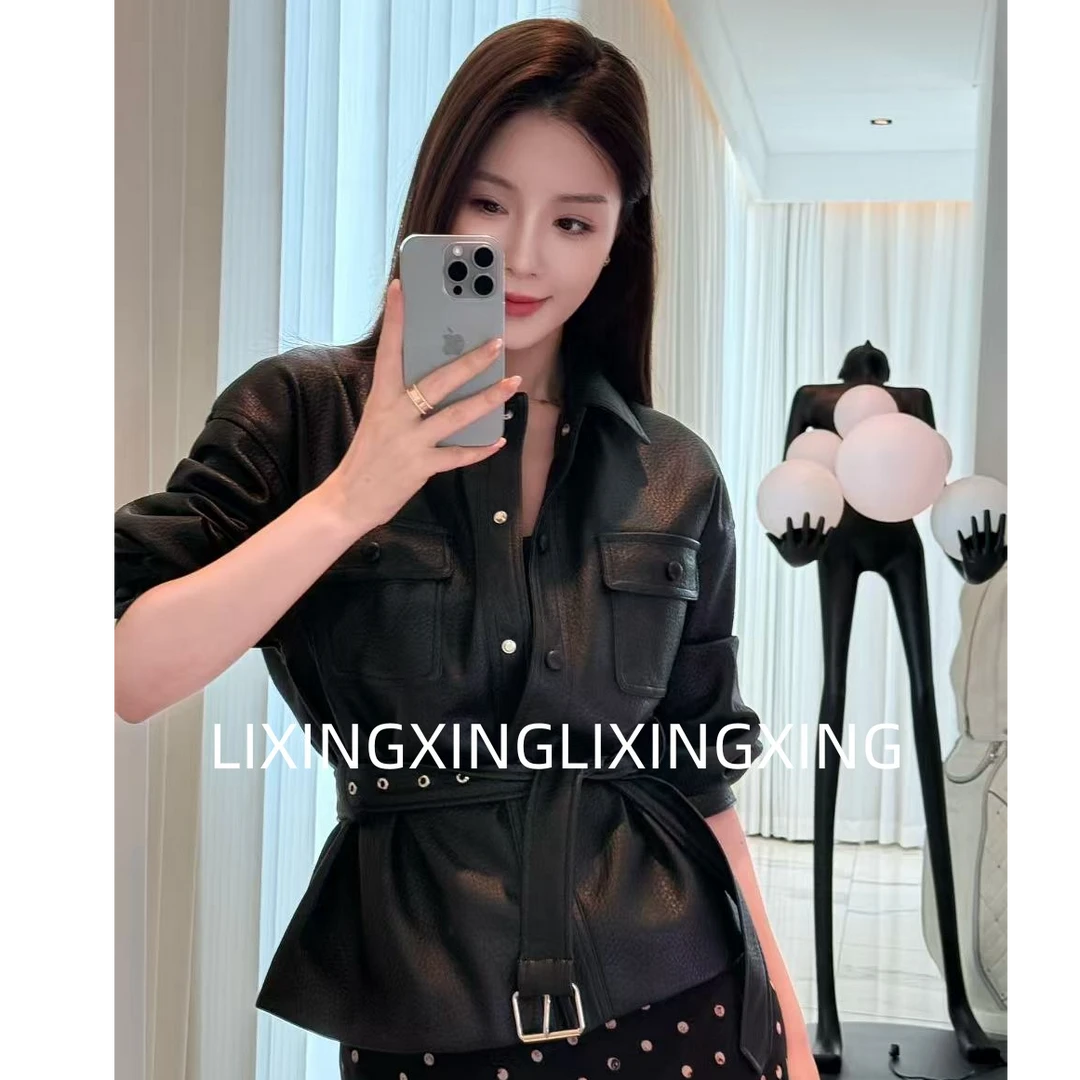 LXX【荔枝纹腰带皮衣】胸包蛋白皮PU显瘦气质短款时尚夏季收腰