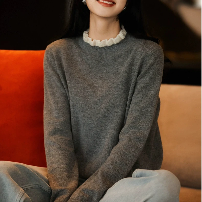 精纺羊毛浪漫木耳边百搭针织打底衫